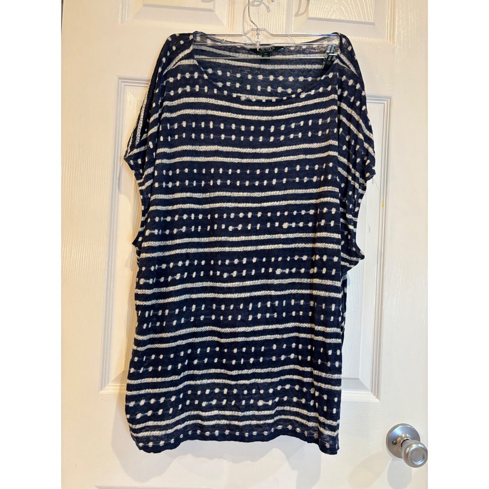 Lauren Ralph‎ Lauren Tunic Blouse Women 3X Blue Good Linen Striped Cap Sleeve